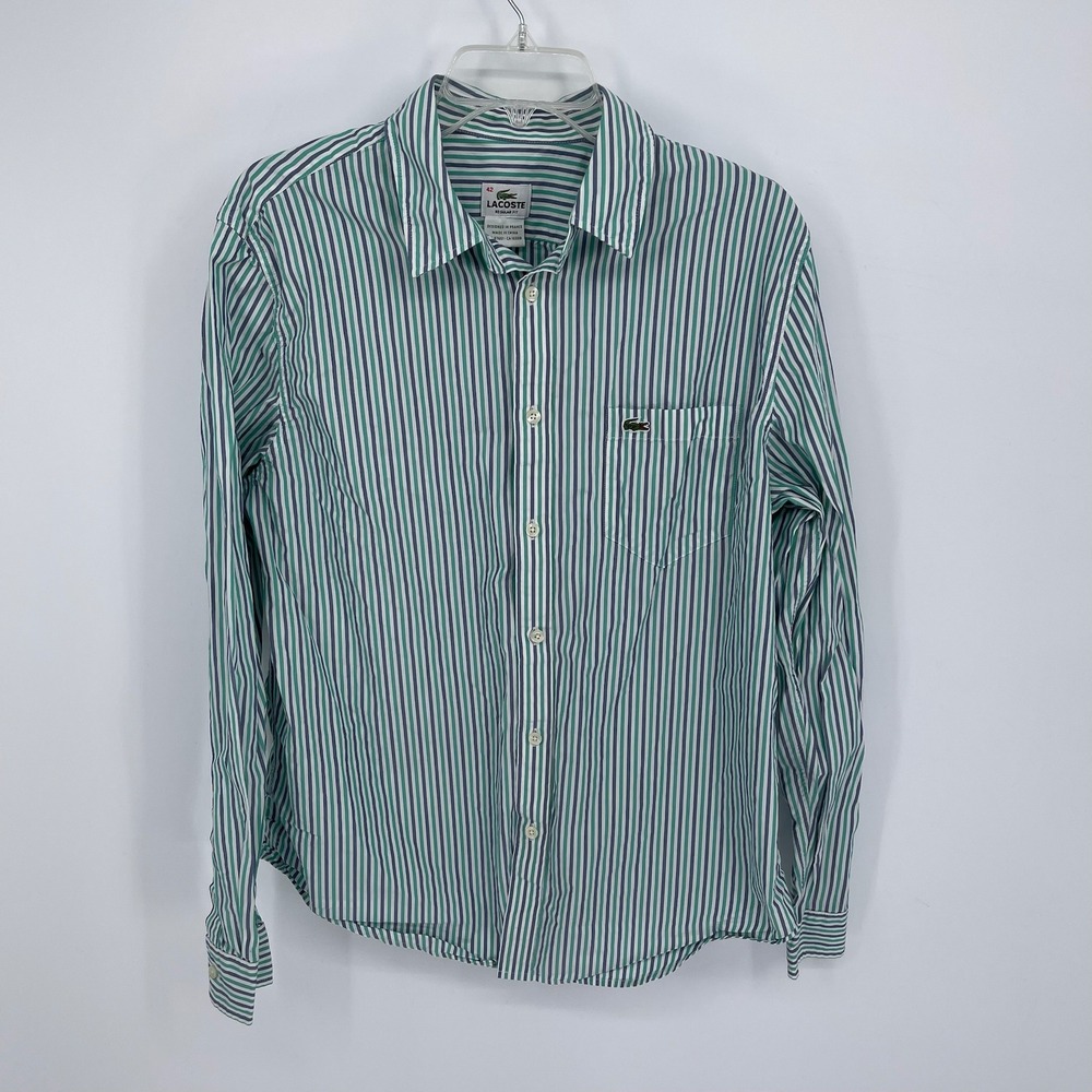 Lacoste Men's Green Striped Regular Fit Long Sleeve Button Down Shirt Size 42